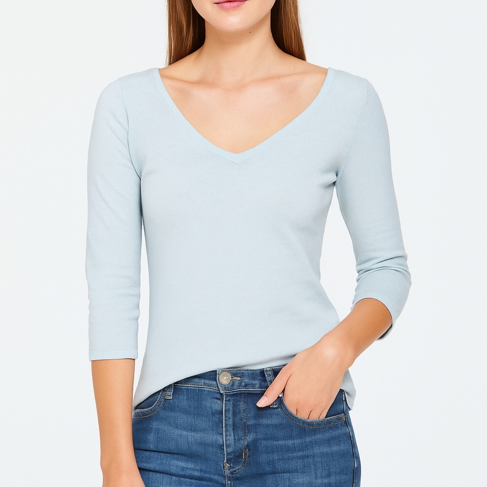 Mag Womens Size S Double V-neck Pullover Sweater Light Blue Silk‎ Cashmere Basic
